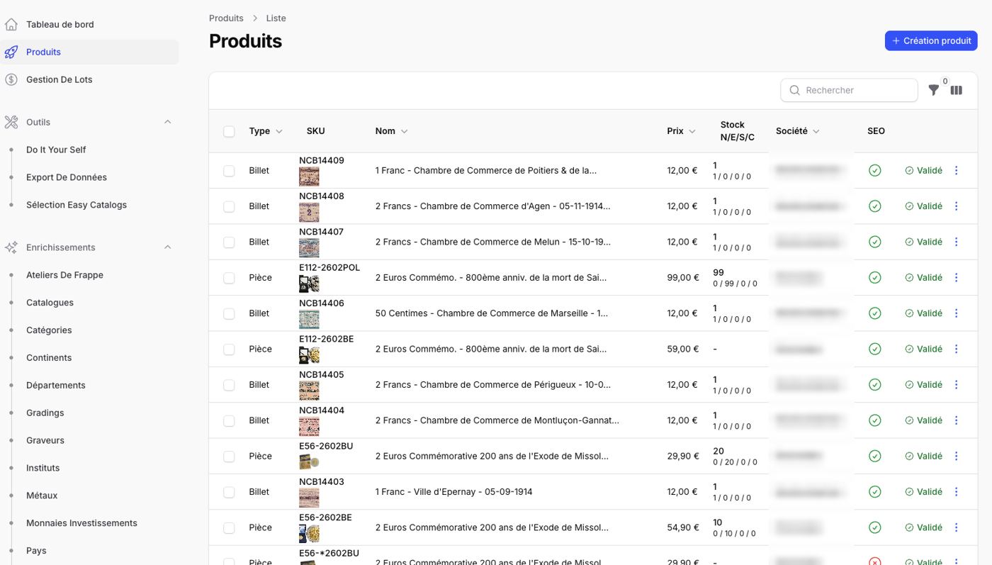 Liste du catalogue produits dans le PIM
