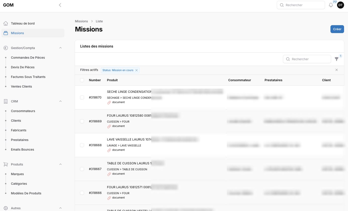 Liste des missions SAV