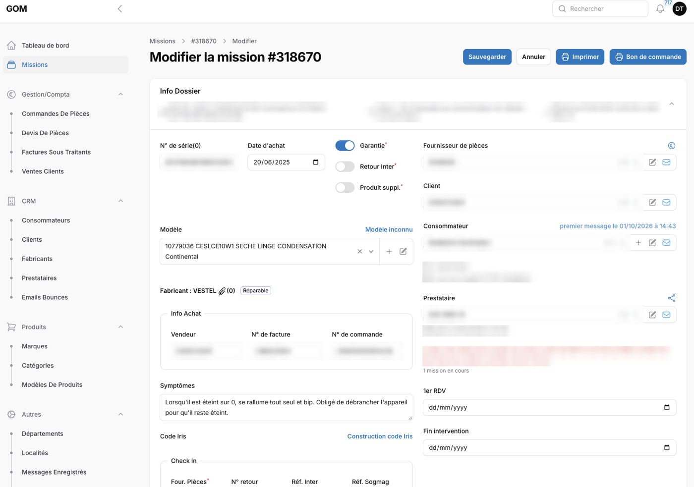 Fiche d'un dossier SAV dans le back-office construit pour Sogedis