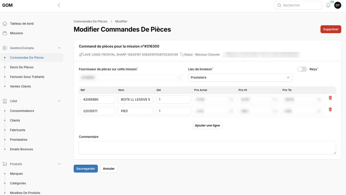 Commande de pièces depuis un dossier SAV